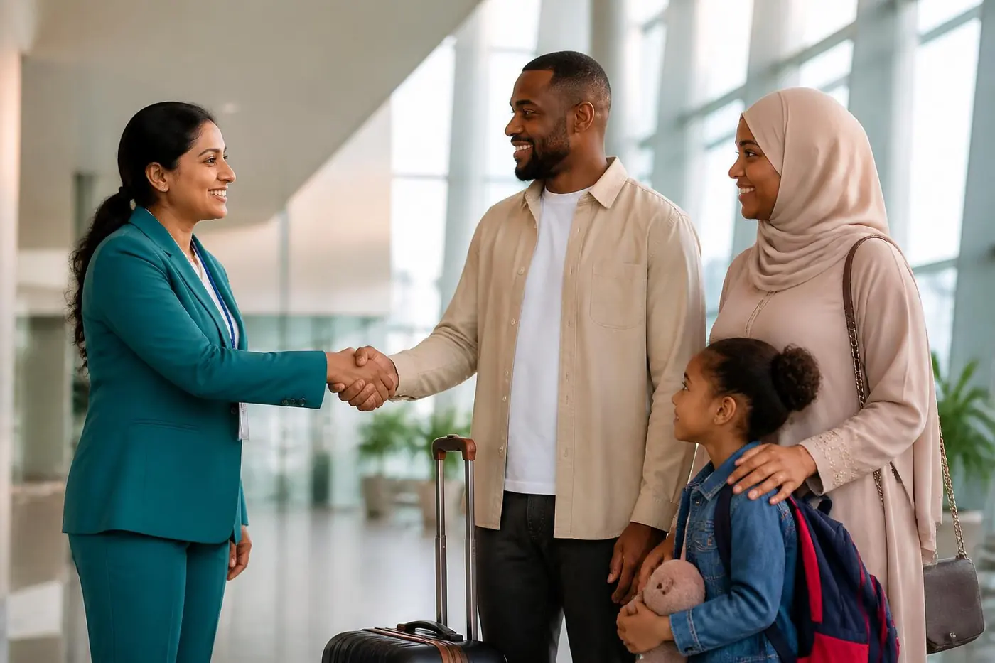 Hospital patient-relations coordinator welcoming an arriving international family with luggage at an Indian airport