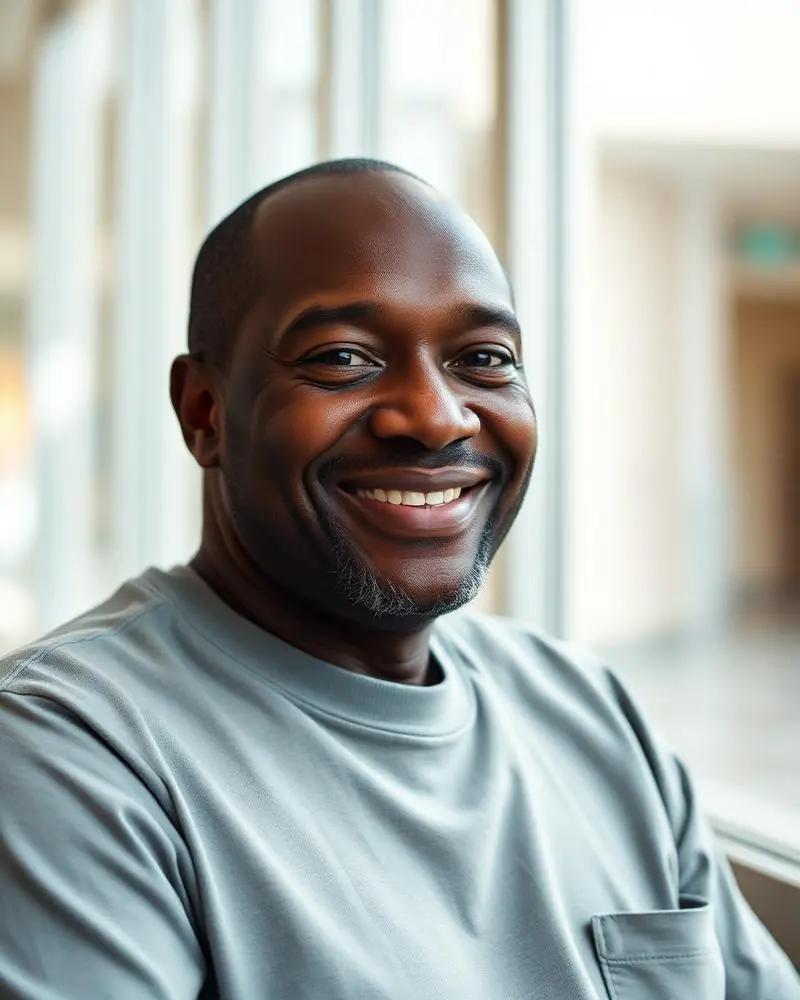 Adewale Ogunleye, 58, smiling in a hospital atrium in Chennai